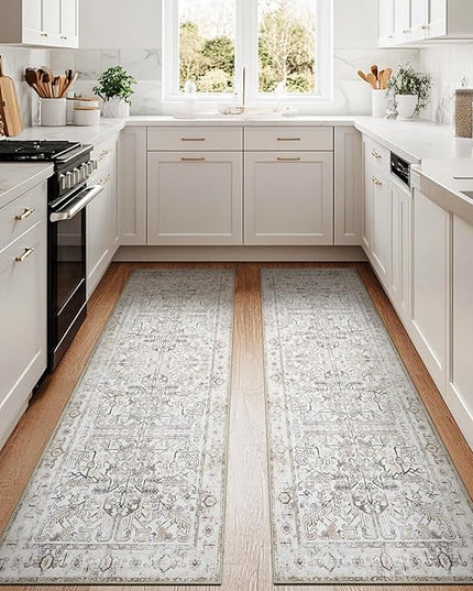 jinchan Lima Kitchen Runner Rug 3x10-2pcs, Bohemian Hallway Washable Rug Floral Non Slip with Rubber Backing Vintage Carpet Runner for Bedroom Bathroom Laundry Room Living Room Taupe