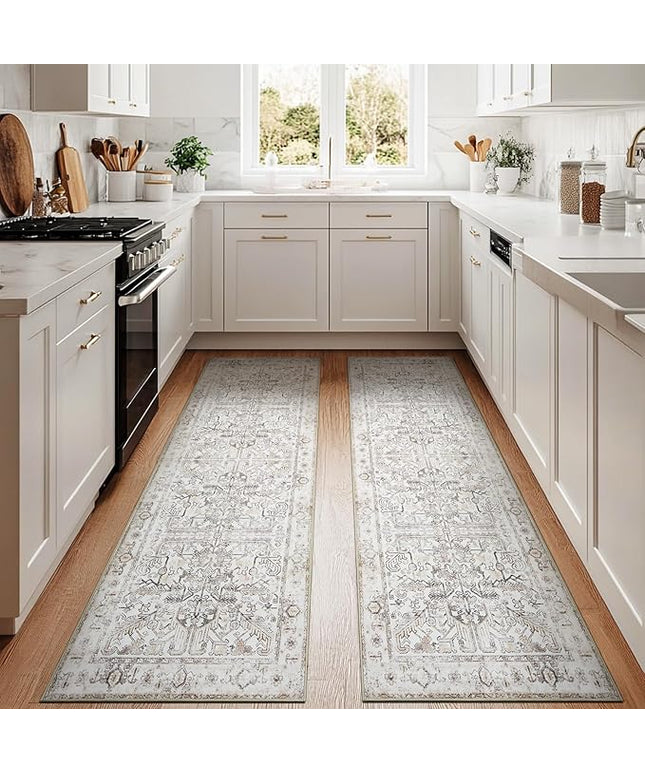 jinchan Lima Kitchen Runner Rug 3x10-2pcs, Bohemian Hallway Washable Rug Floral Non Slip with Rubber Backing Vintage Carpet Runner for Bedroom Bathroom Laundry Room Living Room Taupe