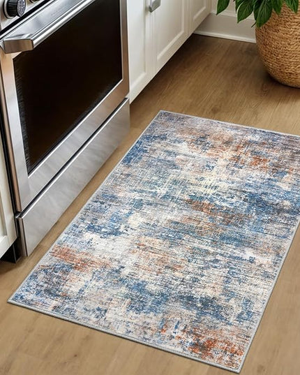 IOHOUZE Small Abstract Area Rug 2x3 Ft Entryway Rugs Washable Door Mat Indoor Entrance, Rubber Backed Throw Rugs, Printed Faux Wool Non Slip Floor Carpet for Foyer Front Door Sink, Blue Rust