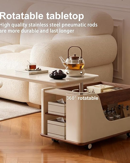 Lift Top Coffee Table with Storage, Small Rolling Side Table/NightStand Table for Living Room Kitchen Bedroom Small Apartment (White + Walnut)