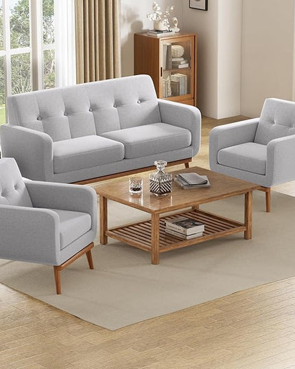 HUIMO Sofa Couch, Mid Century Modern Sofa with Solid Wood Frame, Button Tufted Couch for Bedroom, Living Room, Office, Apartment (Light Grey, 60 inch)