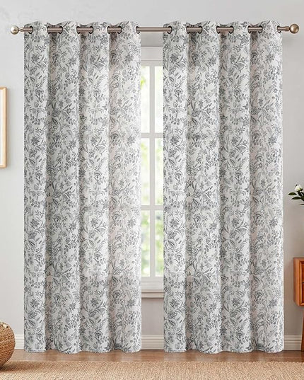 Lazzzy Linen Black Floral Farmhouse Curtains 96 Inches Long Drapes for Living Room Bedroom Pattern Light Filtering Country Vintage Curtain Grommet Top, 2 Panels, Black on Beige