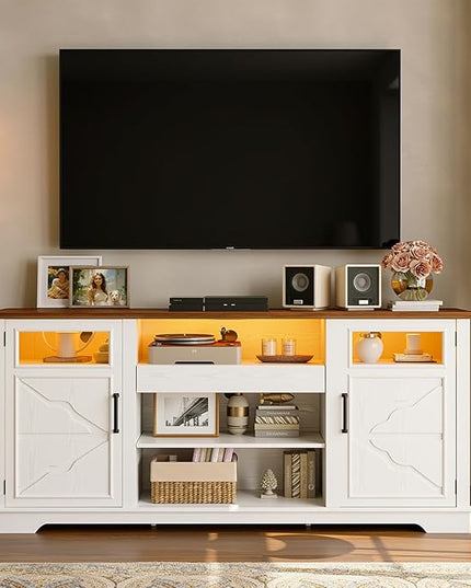 IRONCK 65.8" Farmhouse TV Stand for 60/65/70 Inch TVs, Tall Entertainment Center with LED Lights & Power Outlet, Media Console with Storage Cabinets & Adjustable Shelves for Living Room, White