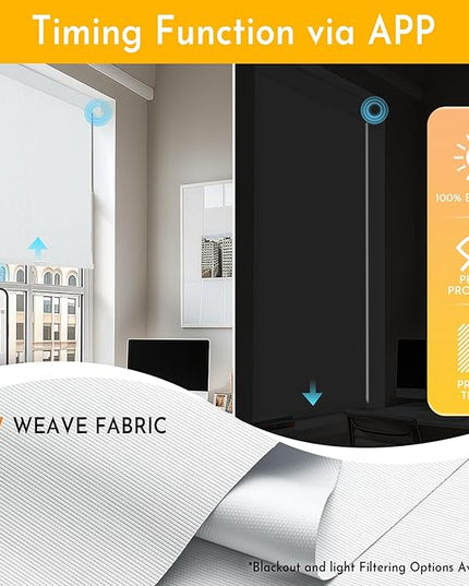 Persilux Smart Motorized Blinds with Remote, No Drill Automatic Roller Shades for Indoor Windows, Blackout Linen Fabric, Electric Blinds for Windows, Weave Swan C162BO-1, Custom Size