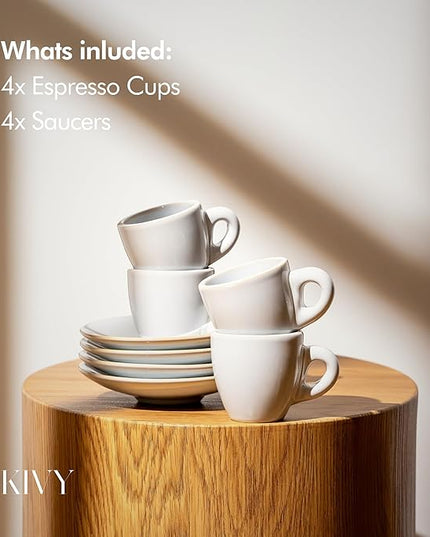 KIVY 3 oz Espresso cups set of 4 - Thick walled stoneware espresso cup set - Italian style espresso cups and saucers - Demitasse cups set of 4 - Small coffee mugs - Demitasse cups and saucers sets
