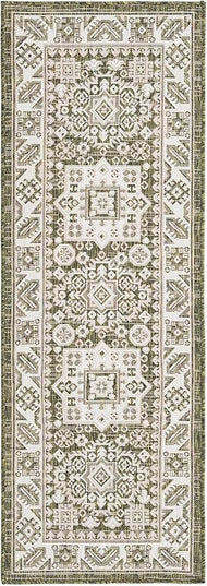Rugs.com Outdoor Aztec Collection Rug – 6 Ft Runner Green Flatweave Rug Perfect for Hallways, Entryways