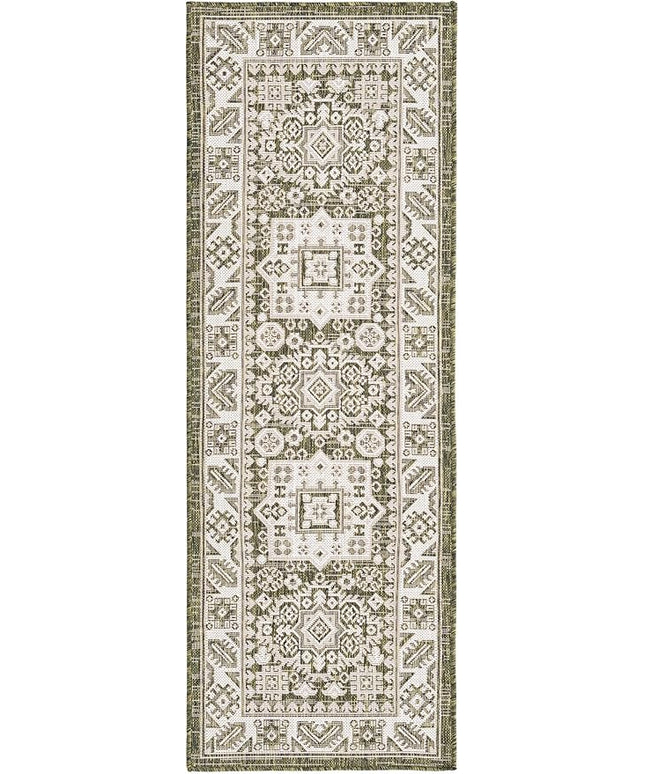 Rugs.com Outdoor Aztec Collection Rug – 6 Ft Runner Green Flatweave Rug Perfect for Hallways, Entryways