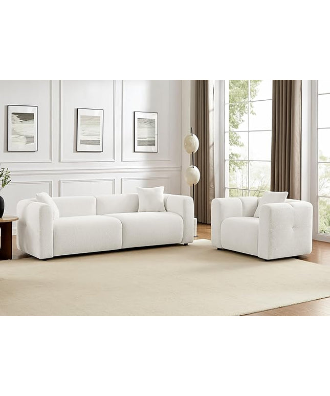VANOMi Living Room Furniture Sets Include 95" Sofa & 42" Armchairs, Boucle Upholstered Oversized Couch with Pillows, Living Room Furniture Set for Bedroom Apartment (White, 1 Sofa+1 Chair)