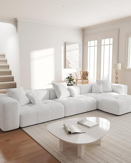 JACH 144.1 Inch L-Shaped Modular Sofas, Modern 3-Seater Couch with Chaise Ottoman, Mid Century Modern Sectional Couches, Cozy Sleeper Sofa for Apartment/Living Room (Linen Fabric, White)