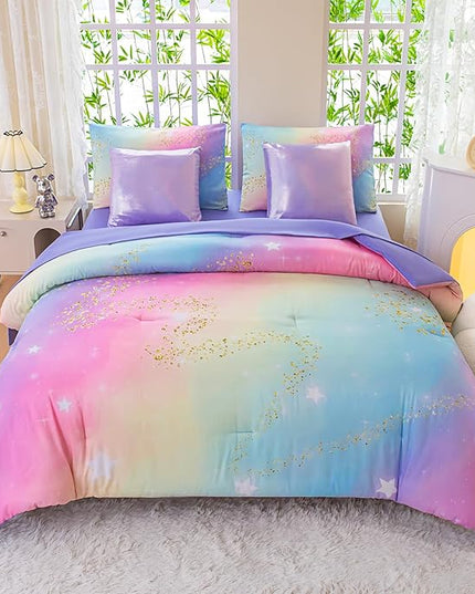 Rainbow Bedding Set Full Size – 7 Piece Reversible Girls Comforter with Deep-Pocket Sheet, Gradient Galaxy Design, Whole-Piece Filling, Machine Washable Bed-in-a-Bag for Kids Room Makeover & Gifts