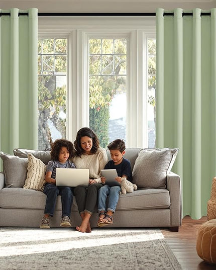 JIUZHEN Light Green Blackout Curtains with Tiebacks Thermal Insulated, Light Blocking and Noise Reducing Grommet Curtains for and Living Room, Set of 2 Window Curtain Panels, 52 x 96 Inch Length