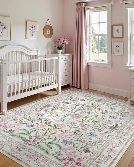 Wonnitar Boho Floral Area Rug 6x9, Washable Purple Rugs for Bedroom Girls, Non Slip Ultra-Thin Soft Indoor Baby Carpet for Nursery Dorm Kids Room Living Room, Light Purple/Pink