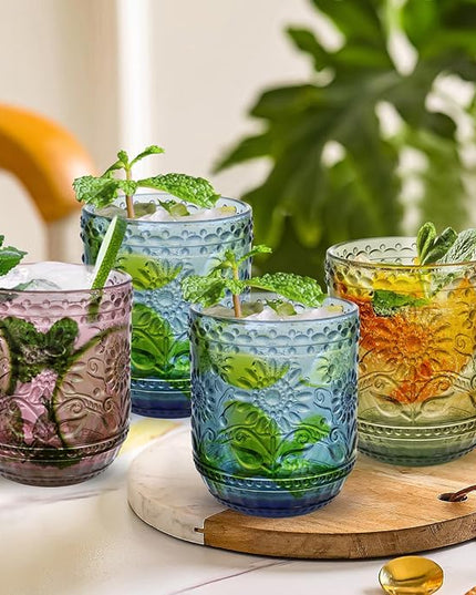Glass Cups, Vintage Glassware Drinking Glass Set of 6, 12oz Colored Glassware with Sunflower Design, Embossed Floral Decorative Glasses Drinking Set for Cocktail, Wine, Vintage Drinking Glasses