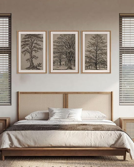 HOURIA Vintage Tree Sketch Framed Canvas Wall Art Set,Natural Brown and Gray Woodland Wall Decor,Mid Century Nature Forest Artwork,Textured Botanical Art Print for Living Room,Bedroom,Office-16"x24"x3