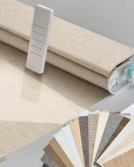 Persilux Smart Motorized Blinds with Remote, No Drill Automatic Roller Shades for Indoor Windows, Light Filtering Linen Fabric, Electric Blinds for Windows, Linen Beige C156-2, Custom Size