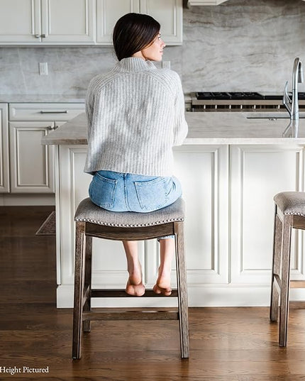 Maven Lane Adrien Backless Bar Stool – Set of 4 – 31 Inch Saddle Seat with Footrest – Brown Solid Wood Frame & Grey Fabric Upholstery – Ideal for Bars, Pub Tables & Tall Kitchen Counters