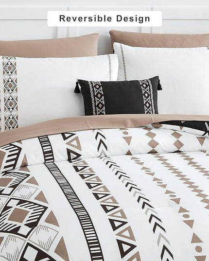 Geniospin Oversized Queen Comforter Set - 7 Pieces Reversible Bedding Set, Boho Bed in A Bag, Lightweight Soft Aztec Bedding, All Season Bed Comforter Set with Sheets, Pillowcases & Shams