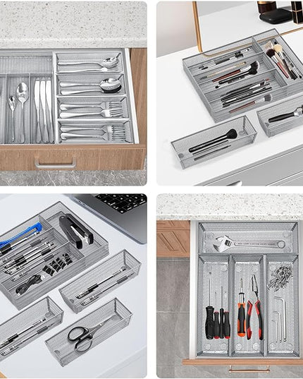 Neudeco Drawer Organizer Set 5 Pack - 4-Compartment Silverware Organizer Tray + 4 Utensil Trays, Kitchen Drawer Organizer for Flatware, Cutlery, Office Supplies, Silver Mesh, Non-Slip,Silver