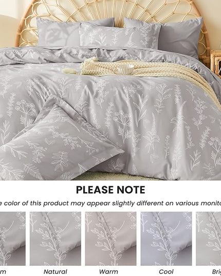 MUXHOMO Silver Grey Full Comforter Set, Elegant Floral Print Bed in a Bag 7 Pieces, Ultra Soft & Breathable Reversible Botanical Pattern Bedding Set with Comforter, Sheets, Pillowcases, and Shams