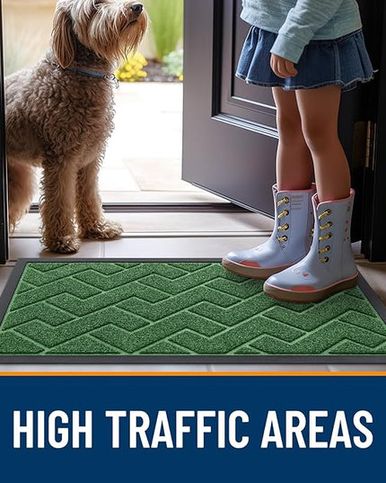 OLANLY Front Door Mat Indoor Outdoor Entrance, Waterproof All-Season, All-Weather Doormat, Sturdy Natural Rubber, Low Profile, Easy Clean Patio Porch Entryway Mat, Herringbone Brick (Green, 29.5x17)