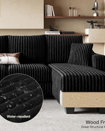 Belffin Convertible Sectional Couch with Chaise Corner Sectional Sofa L Shaped Couch Reversible Corner Upholstered Couches for Living Room Corduroy (Black, V Shaped)
