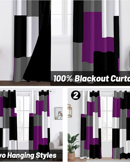Purple 100% Blackout Curtains for Bedroom 63 inch Length 2 Panels Set Black Grey Modern Abstract Geometric Black Out Curtains Insulated Room Darkening Window Drapes for Living Room, 52Wx63L