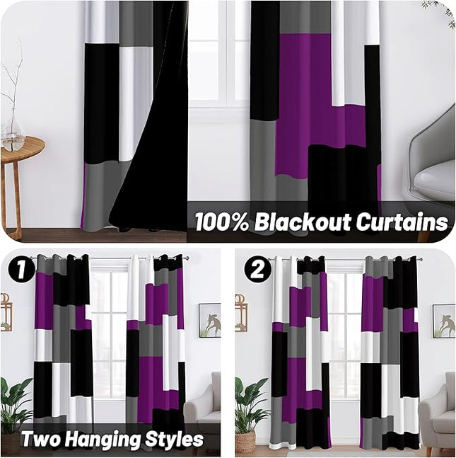Purple 100% Blackout Curtains for Bedroom 84 inch Length 2 Panels Set Black Grey Modern Abstract Geometric Black Out Curtains Insulated Room Darkening Window Drapes for Living Room, 52Wx84L