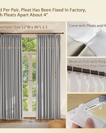 Textured Linen Pinch Pleats 100% Blackout Curtains for Bedroom/Living Room Blackout Curtains 84 Inches Long, Energy Saving Window Treatment Curtains,84Wx84Lx2,Grey