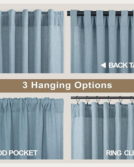Country Blue Curtains 54 Inch Length for Bathroom 2 Panels Pocket Tab Loops Light Reducing Semi Privacy Energy Efficient Linen Sheer Vintage Blue Curtains for Boys Bedroom Chambray Blue Dusty