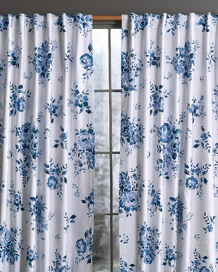 Maison d'Hermine Curtains for Living Room 100% Cotton 124 inch Length Two Panels Window Curtains for Bedroom with Loop & Rod Pockets - Rose Garden - Blue, 50" W x 124" L