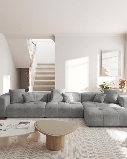 JACH 144.1 Inch L-Shaped Modular Sofas, Modern 3-Seater Couch with Chaise Ottoman, Mid Century Modern Sectional Couches, Cozy Sleeper Sofa for Apartment/Living Room (Linen Fabric, Grey)