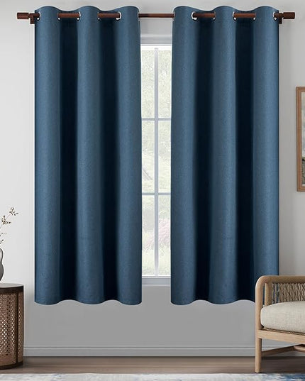 100% Blackout Denim Blue Linen Curtains 64 Inch Length for Bedroom Patio Door, Heat Blocking Thermal Insulated Entryway Cottage Grommet Curtain Panels, Denim Blue, W37 x L64, 2 Panels
