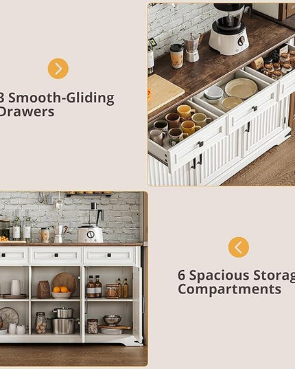 IRONCK Fluted Buffet Sideboard Cabinet with 3 Drawers, 52.9" Farmhouse Large Buffet Table with 3 Doors, Coffee Bar with Adjustable Shelf, Modern Storage Cabinet for Kitchen, Living, Dining Room, White