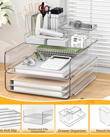 YKLSLH Paper Organizer Letter Tray - Acrylic Stackable Desk File Organizer with 5-Gird Tray and Pencil Holder, Clear Paper Sorter Office Organizer for Letter/A4, Office File Ipad Books Notes Etc