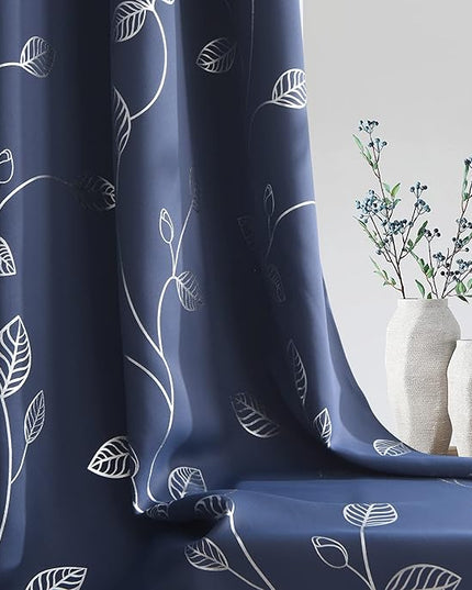 BUHUA Heat Blocking Curtains, Black Out Curtains 72 Inch Long 2 Panels Burg, Soundproof Curtains with Silver Leaf Printed (52 x 72 Inch,Navy Blue,Set of 2 Panels)