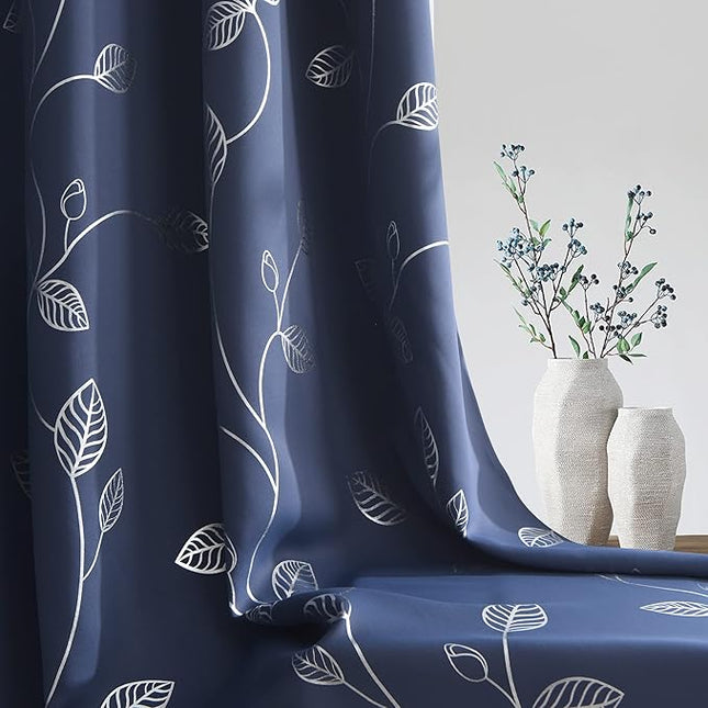 BUHUA Heat Blocking Curtains, Black Out Curtains 95 Inch Long 2 Panels Burg, Soundproof Curtains with Silver Leaf Printed (52 x 95 Inch, Navy Blue, Set of 2 Panels)