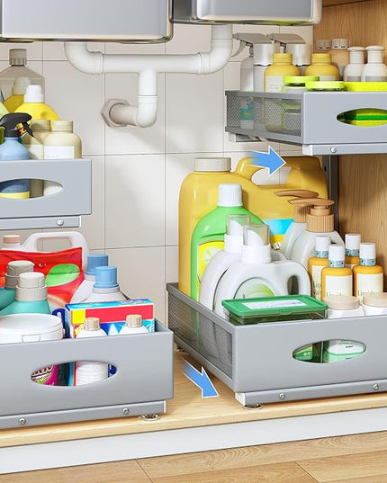 Under Sink Organizer, 2 Tier Pull Out Under Cabinet Organizer Shelf with Pad for Framed Cabinets, Metal Slide Out Under Sink Storage, Mesh Sliding Drawers for Kitchen Bathroom Laundry(Grey, 1 Pack)