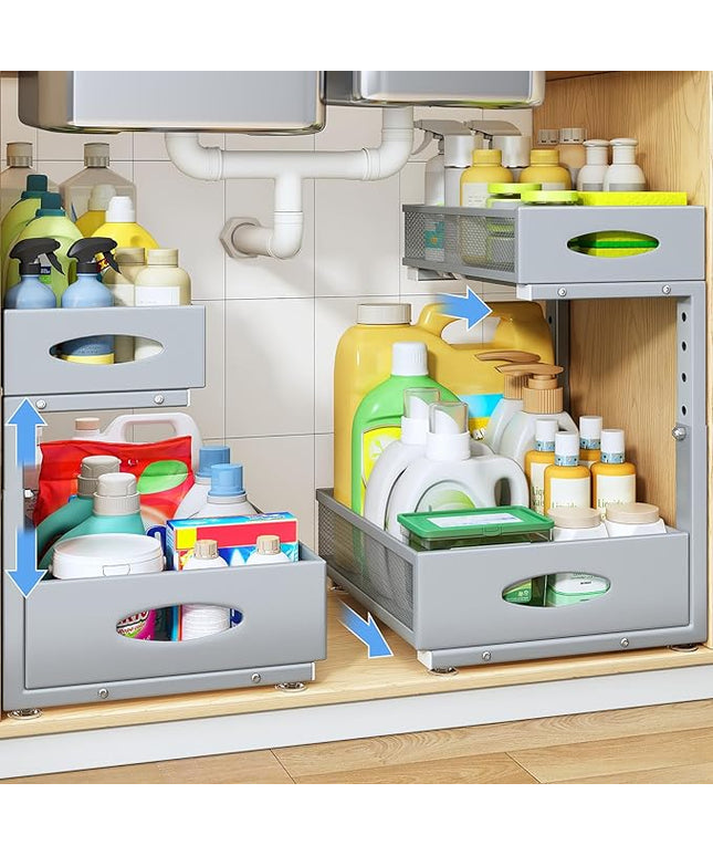 Under Sink Organizer, 2 Tier Pull Out Under Cabinet Organizer Shelf with Pad for Framed Cabinets, Metal Slide Out Under Sink Storage, Mesh Sliding Drawers for Kitchen Bathroom Laundry(Grey, 1 Pack)