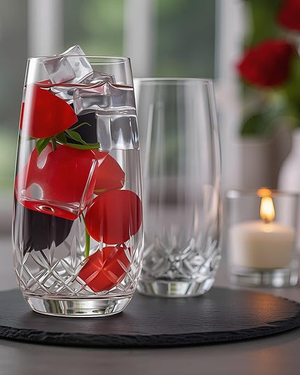 SHOSHIN Hand-Cut Highball Glasses – 17 oz Set of 4, Premium Lead-Free Crystal Drinking Glasses with Classic Pattern, Perfect for Water and Collins Cocktails, Dishwasher Safe
