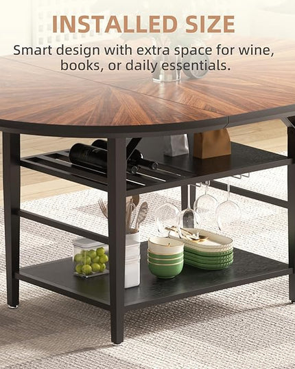 VFK 47.2"-63" Extendable Round Dining Table Set for 4–6, Solid Wood & Metal Table with Wine Rack Storage Shelf, Walnut Kitchen Furniture with 4 Upholstered Chairs (Storage Table and 4 Brown Chairs)