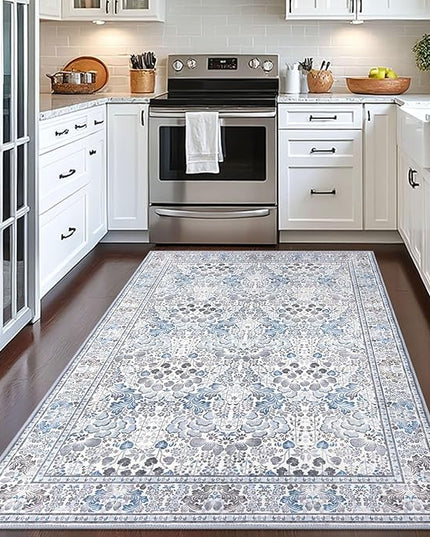 4x6 Modern Rug for Farmhouse, Grey Blue Super Soft Washable Rug with Non-Slip, Low-Pile Indoor Door Area Rugs for Living Room Bedroom, Carpet with Non-Shedding