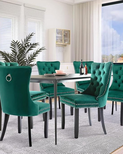 SoarFlash Velvet Dining Chair Set of 8, Upholstered Tufted Dining Room Chair with Nailhead Trim and Solid Wood Leg for Kitchen (Green)