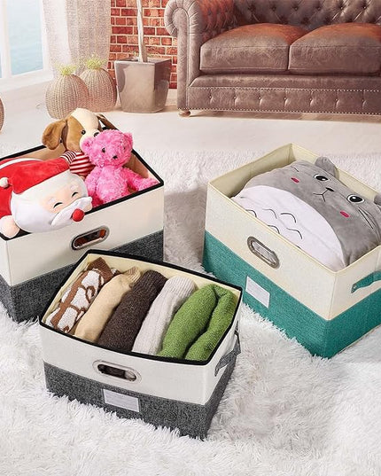 Large Linen Fabric Foldable Storage Bins with Removable Lid and Handles, Washable Storage Box Organizer Containers Baskets Cube with Cover for Bedroom,Office (Turquoise&Cream, Large(2-Pack))