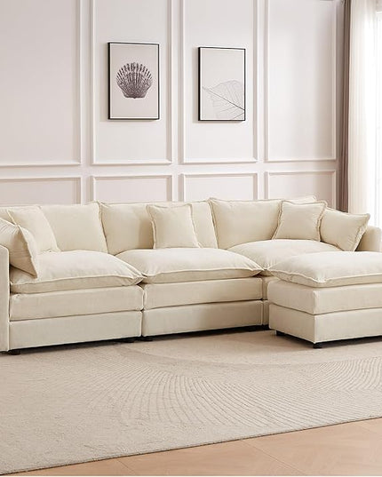 Modular Sectional Sofa, 112.2 Inch L Shaped Couch Set with Armrests, 3-Seater Comfy Cloud Couches with Movable Ottoman for Living Room Apartment, Beige