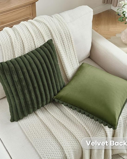 FUTEI Olive Green Throw Pillow Covers Set of 2, 16x16 Inch Striped Texture Cushion Cases with Soft Faux Rabbit Fur Front & Velvet Back, Modern Decorative Couch Pillows for Living Room