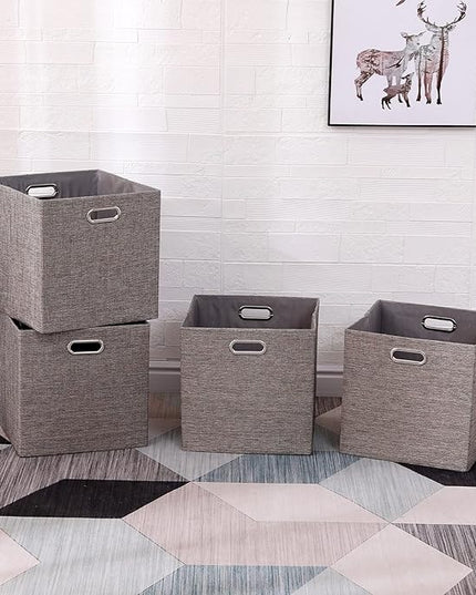Cube Storage Organizer Bins 13×13x13 Inch, 4 Pack Collapsible Linen Fabric Storage Cubes, Open Home Storage Bins with Handles, Cubby Bins for Kallax Shelf Bookcase Closet Cabinet, Light Coffee