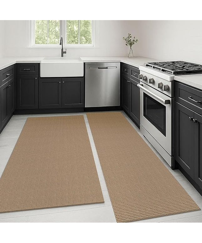 KOZYFLY Boho Area Rug Runner Sets of 2Pcs 2x6 and 3x5 Washable Entry Rugs Non Slip Rubber Backed Kitchen Rug Woven Cotton Entrance Rugs for Front Porch Bathroom Kitchen Bedroom, Tan/Orange/Brown