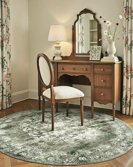 jinchan Round Rug 6ft Area Rug - Green Vintage Floor Mat Kitchen Indoor - Washable Circle 6' Thin Floral Print Christmas Carpet Retro Farmhouse Non Slip Dining Room Living Room Bedroom Office