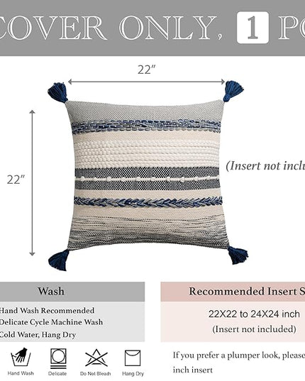 BlissBlush Navy Dark Blue Boho Throw Pillow Cover 22x22 Grey Decorative Accent Pillow for Couch Square Woven Textured Pillowcase Modern Boho Pillow for Bed, Bohemian Pillow Cover (Pack of 1)