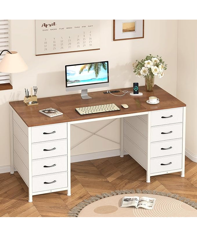 50 Inch Computer Desk with 8 Drawers, Home Office Desk with Power Outlets, Work Study Gaming Desk with 8 Fabric Drawers, Brown and White